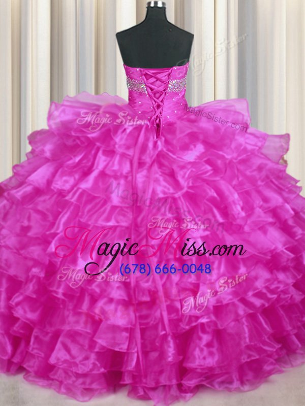 wholesale dramatic sleeveless organza floor length lace up quinceanera dresses in fuchsia for with beading and ruffled layers