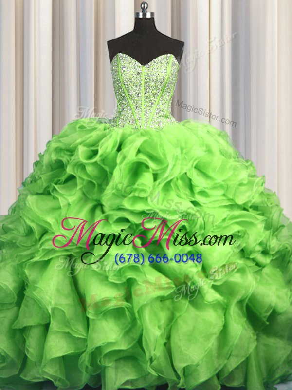 wholesale affordable visible boning brush train sweetheart sleeveless organza ball gown prom dress beading and ruffles sweep train lace up