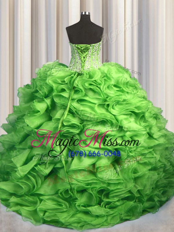 wholesale affordable visible boning brush train sweetheart sleeveless organza ball gown prom dress beading and ruffles sweep train lace up