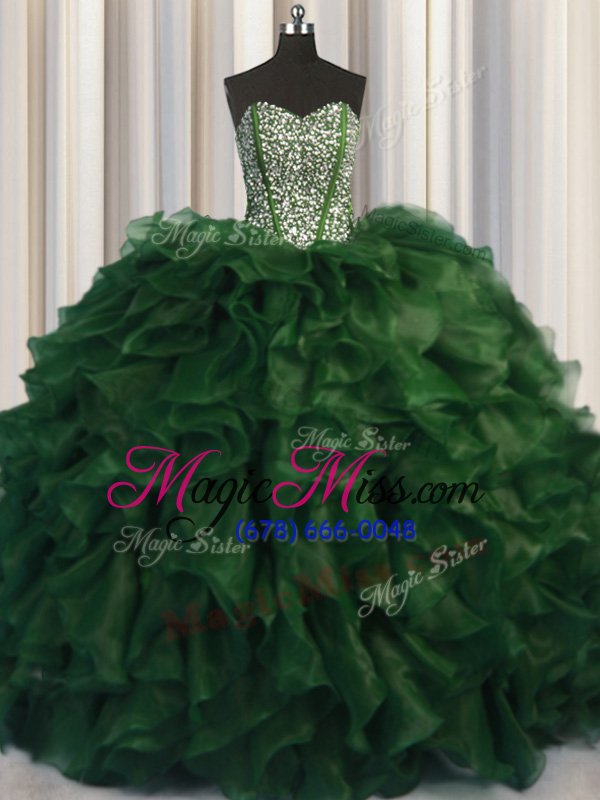 wholesale sexy visible boning bling-bling sweetheart sleeveless quinceanera gowns with brush train beading green organza