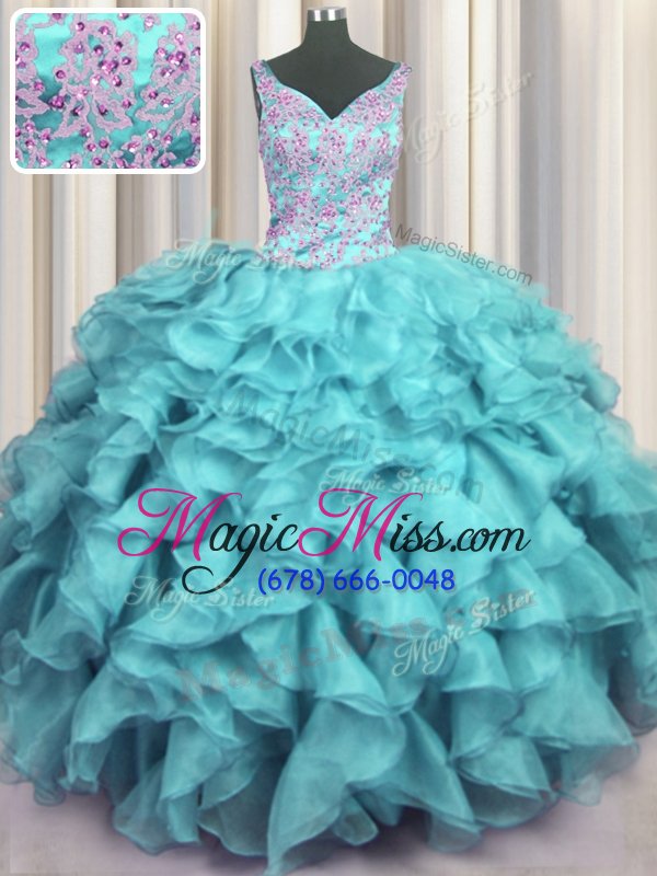 wholesale eye-catching ruffled v neck aqua blue ball gowns appliques and ruffles sweet 16 dresses lace up organza sleeveless floor length