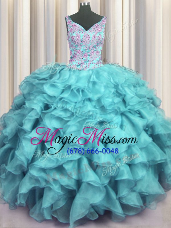 wholesale eye-catching ruffled v neck aqua blue ball gowns appliques and ruffles sweet 16 dresses lace up organza sleeveless floor length