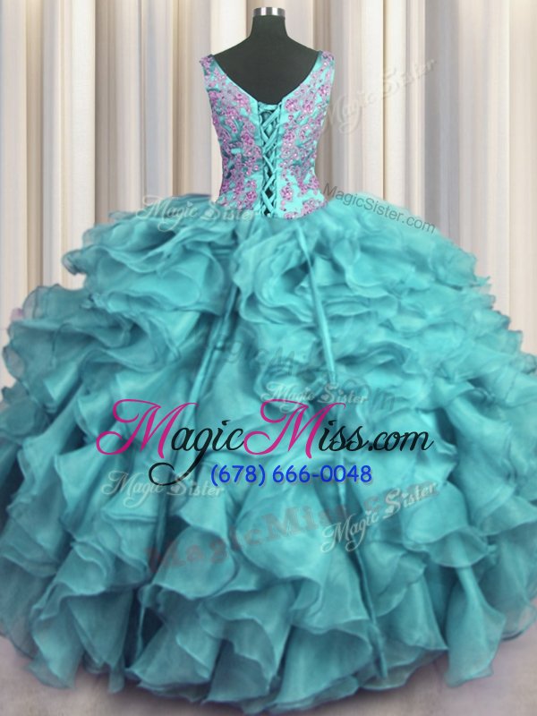 wholesale eye-catching ruffled v neck aqua blue ball gowns appliques and ruffles sweet 16 dresses lace up organza sleeveless floor length