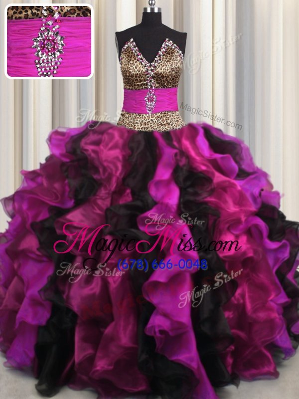 wholesale shining leopard v neck sleeveless beading and ruffles lace up ball gown prom dress