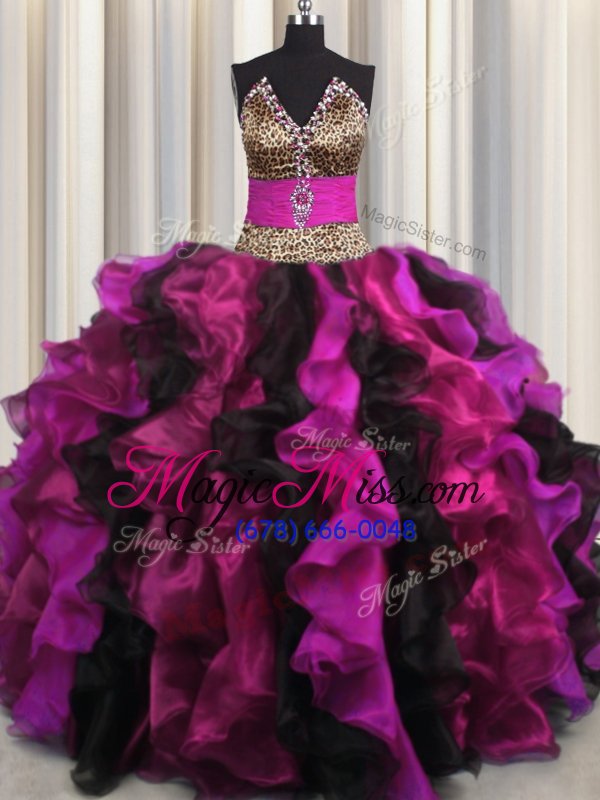 wholesale shining leopard v neck sleeveless beading and ruffles lace up ball gown prom dress