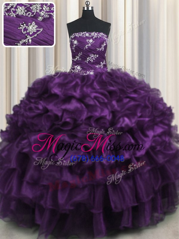 wholesale best organza sleeveless floor length quince ball gowns and appliques and ruffles and ruffled layers