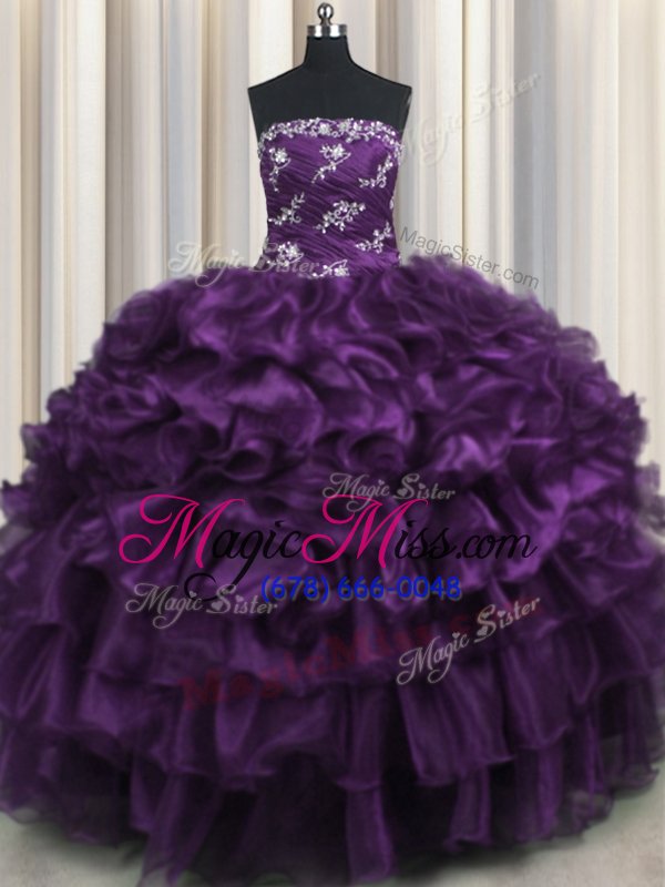 wholesale best organza sleeveless floor length quince ball gowns and appliques and ruffles and ruffled layers