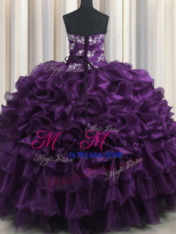 wholesale best organza sleeveless floor length quince ball gowns and appliques and ruffles and ruffled layers