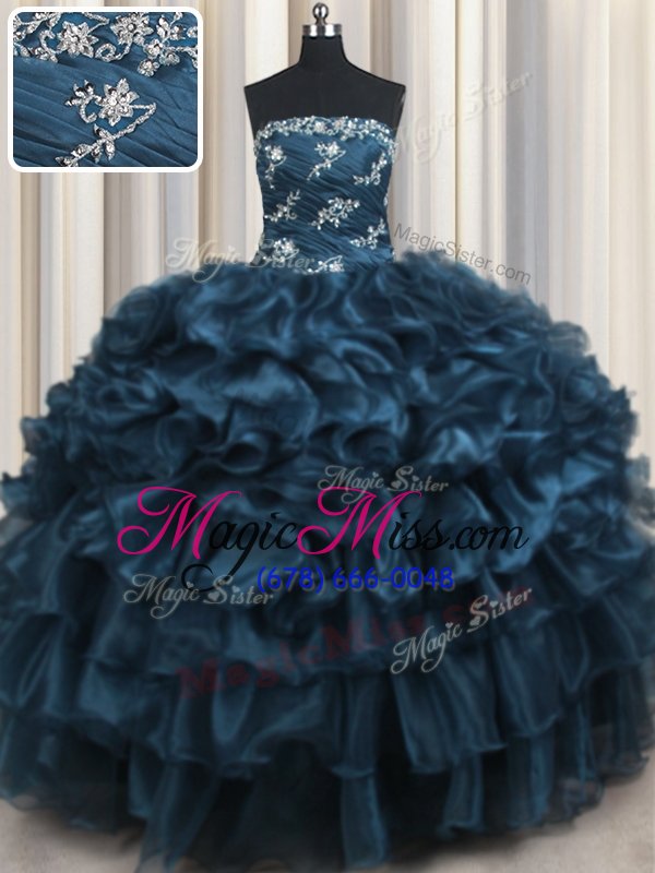 wholesale simple strapless sleeveless sweet 16 dresses floor length appliques and ruffles and ruffled layers navy blue organza