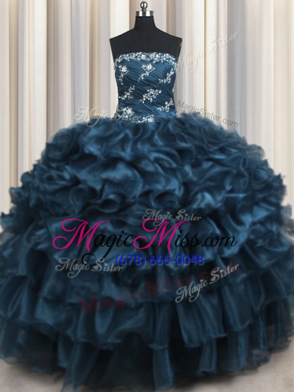 wholesale simple strapless sleeveless sweet 16 dresses floor length appliques and ruffles and ruffled layers navy blue organza