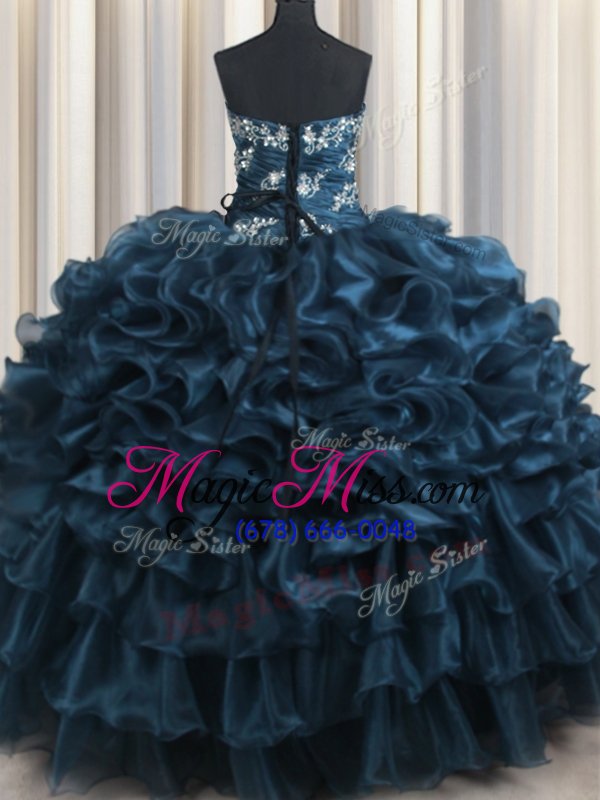 wholesale simple strapless sleeveless sweet 16 dresses floor length appliques and ruffles and ruffled layers navy blue organza