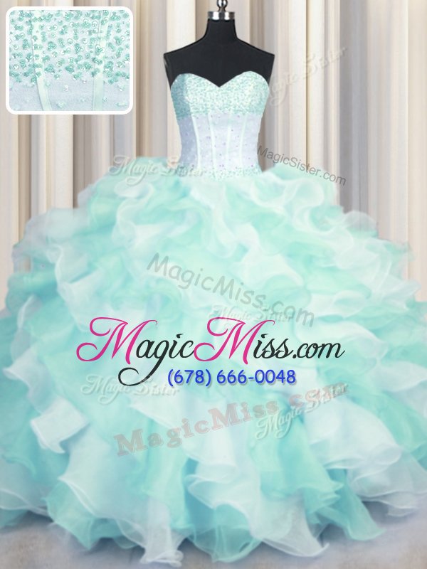 wholesale two tone visible boning multi-color lace up quinceanera dress beading and ruffles sleeveless floor length