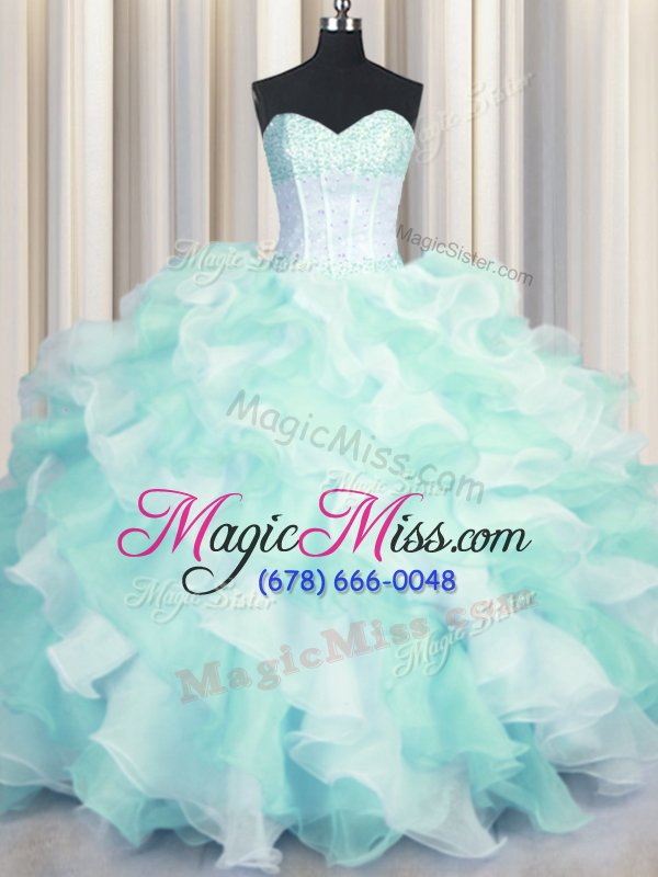 wholesale two tone visible boning multi-color lace up quinceanera dress beading and ruffles sleeveless floor length