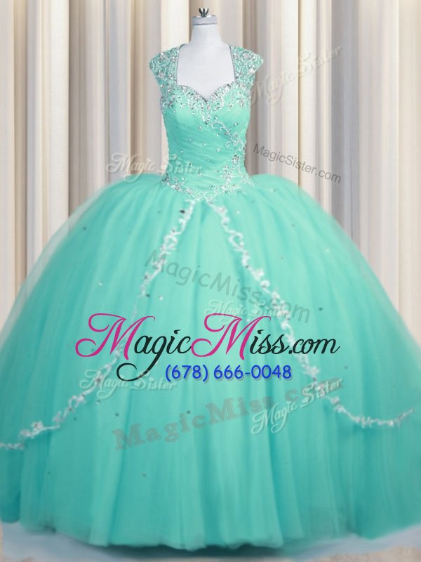 wholesale latest brush train aqua blue ball gowns beading and appliques sweet 16 dresses zipper tulle cap sleeves