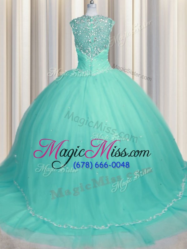 wholesale latest brush train aqua blue ball gowns beading and appliques sweet 16 dresses zipper tulle cap sleeves