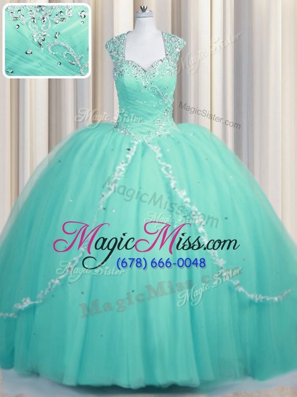 wholesale latest brush train aqua blue ball gowns beading and appliques sweet 16 dresses zipper tulle cap sleeves