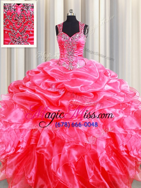 wholesale nice zipper up see through back floor length hot pink sweet 16 quinceanera dress organza sleeveless beading and ruffles and pick ups