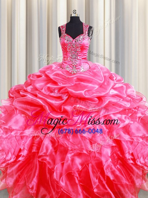 wholesale nice zipper up see through back floor length hot pink sweet 16 quinceanera dress organza sleeveless beading and ruffles and pick ups