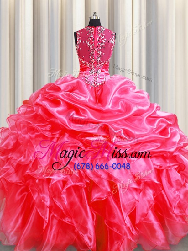 wholesale nice zipper up see through back floor length hot pink sweet 16 quinceanera dress organza sleeveless beading and ruffles and pick ups