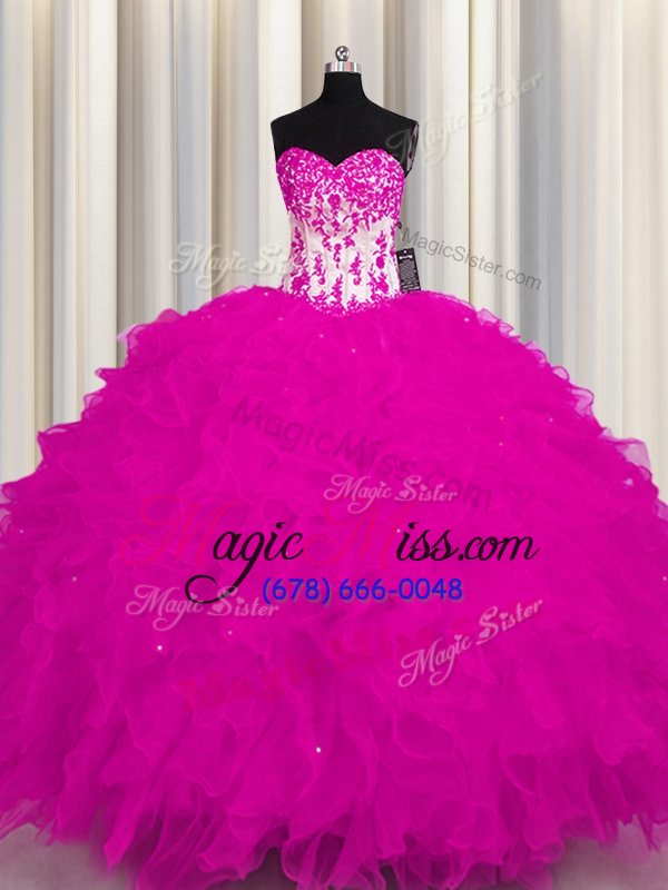 wholesale stylish sweetheart sleeveless lace up sweet 16 quinceanera dress fuchsia organza