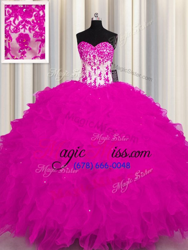 wholesale stylish sweetheart sleeveless lace up sweet 16 quinceanera dress fuchsia organza