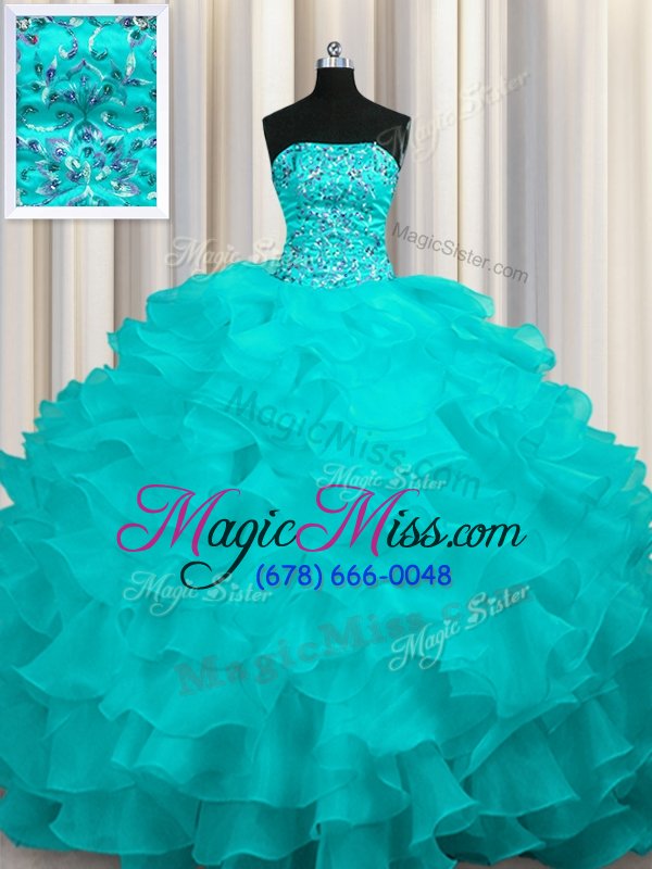 wholesale exceptional sweep train aqua blue ball gowns beading and ruffles quinceanera gowns lace up organza sleeveless with train