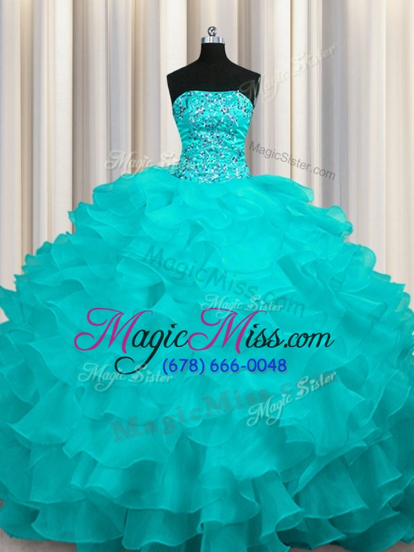 wholesale exceptional sweep train aqua blue ball gowns beading and ruffles quinceanera gowns lace up organza sleeveless with train