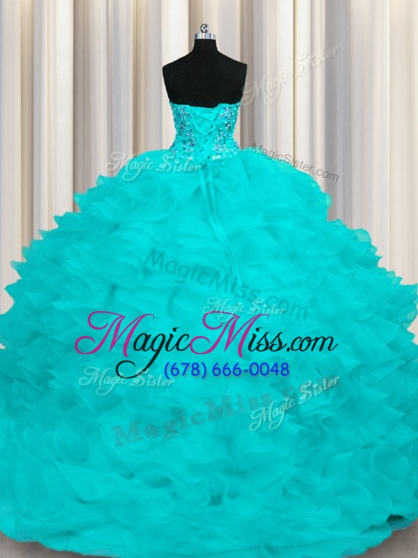 wholesale exceptional sweep train aqua blue ball gowns beading and ruffles quinceanera gowns lace up organza sleeveless with train