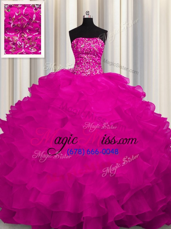 wholesale customized sweep train fuchsia ball gowns beading and ruffles sweet 16 dress lace up organza sleeveless with train