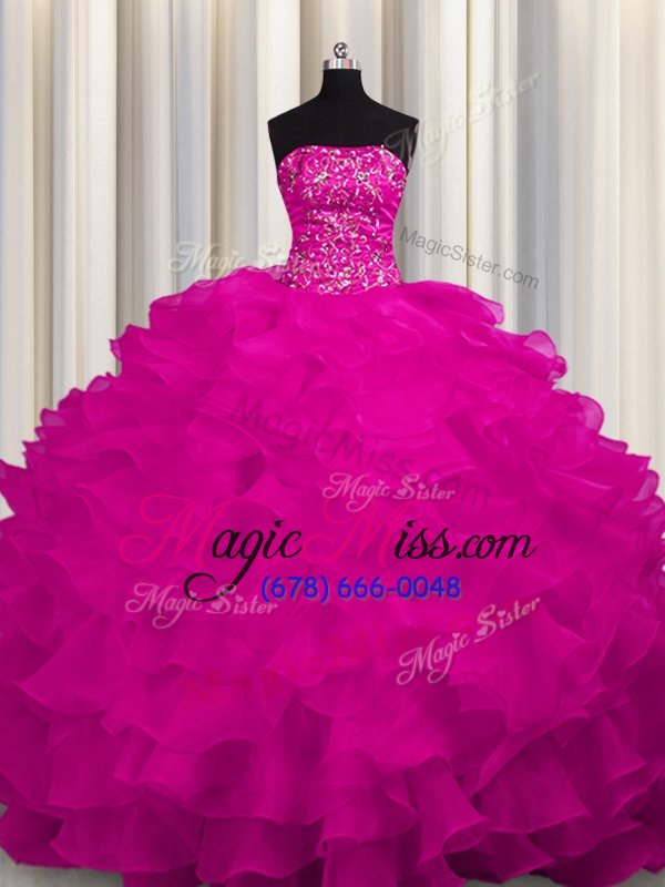 wholesale customized sweep train fuchsia ball gowns beading and ruffles sweet 16 dress lace up organza sleeveless with train