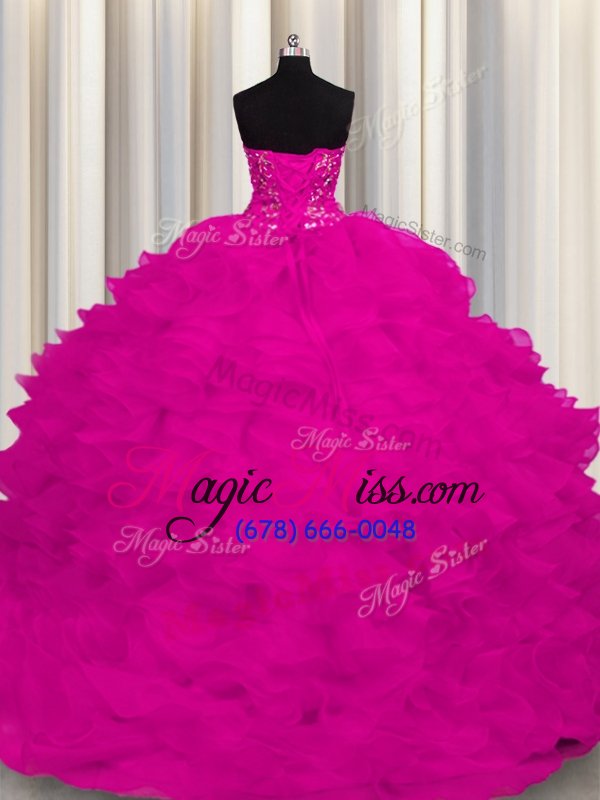 wholesale customized sweep train fuchsia ball gowns beading and ruffles sweet 16 dress lace up organza sleeveless with train