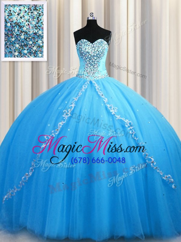 wholesale beautiful baby blue tulle lace up ball gown prom dress sleeveless brush train beading