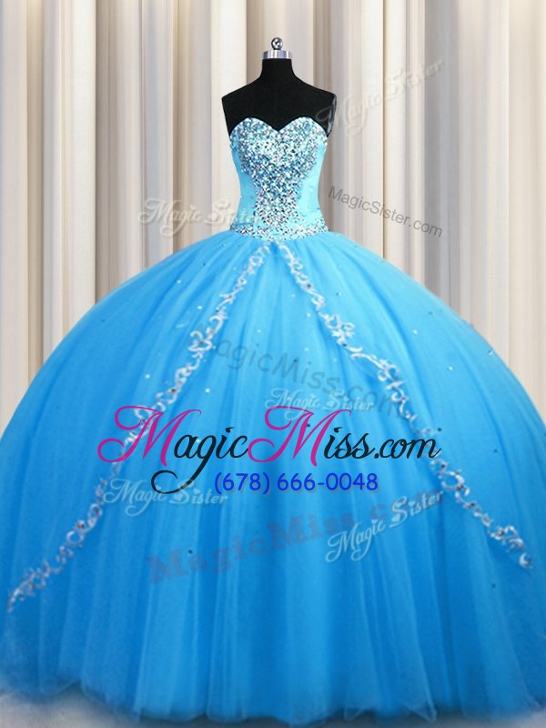 wholesale beautiful baby blue tulle lace up ball gown prom dress sleeveless brush train beading