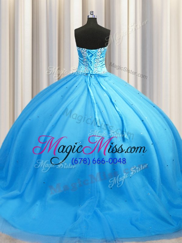 wholesale beautiful baby blue tulle lace up ball gown prom dress sleeveless brush train beading