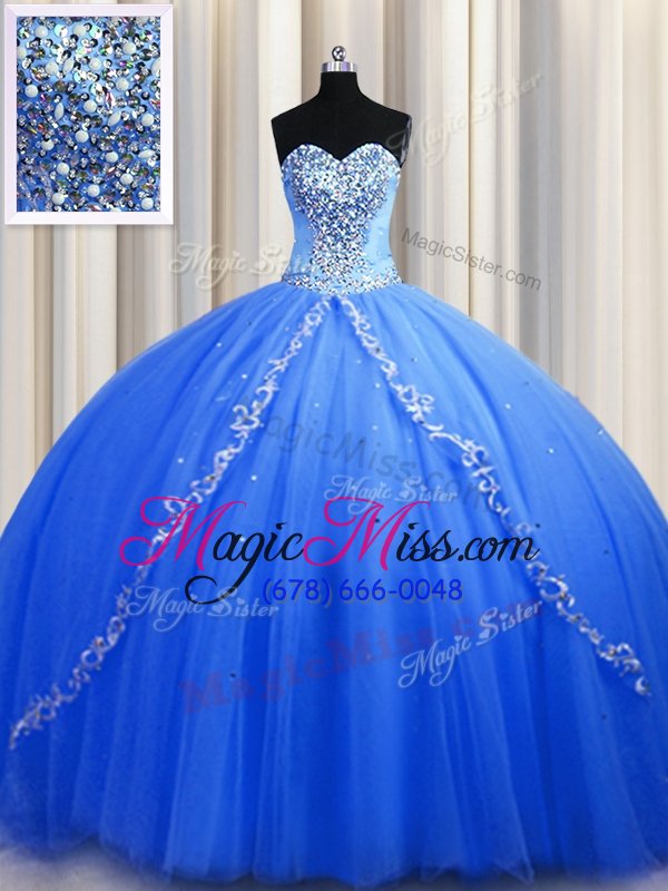 wholesale fitting sweetheart sleeveless brush train lace up ball gown prom dress blue tulle