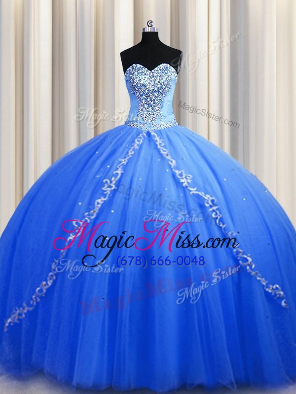 wholesale fitting sweetheart sleeveless brush train lace up ball gown prom dress blue tulle