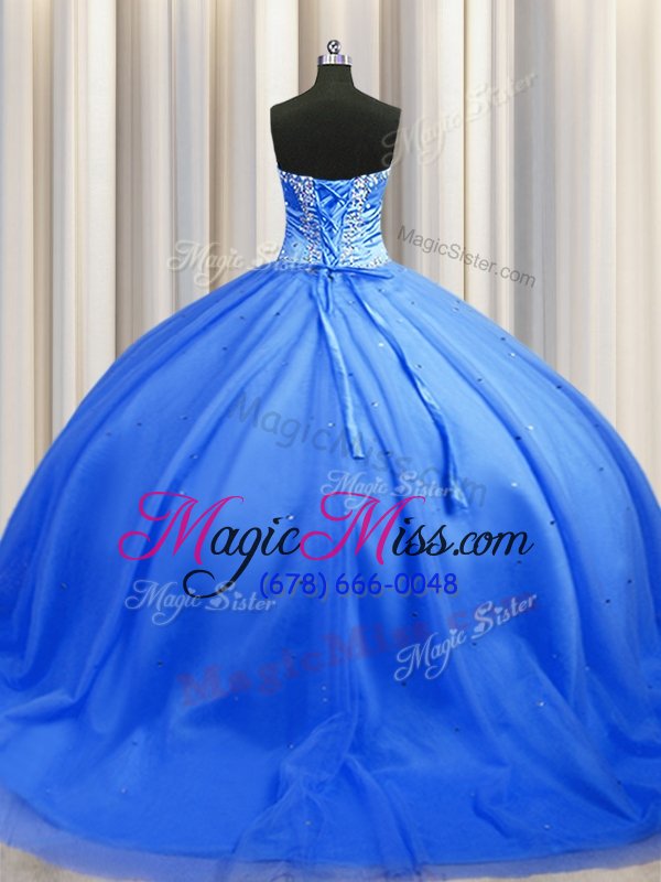 wholesale fitting sweetheart sleeveless brush train lace up ball gown prom dress blue tulle