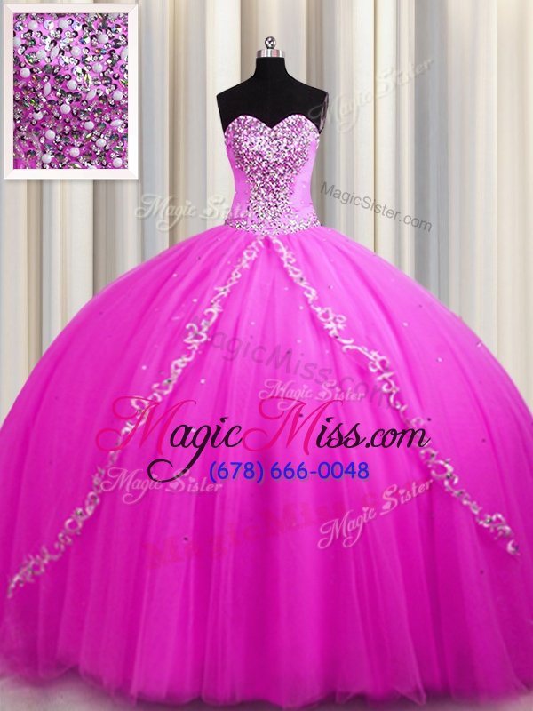 wholesale sweet sweep train rose pink sleeveless tulle lace up ball gown prom dress for military ball and sweet 16 and quinceanera