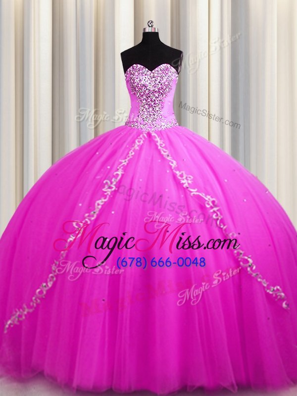 wholesale sweet sweep train rose pink sleeveless tulle lace up ball gown prom dress for military ball and sweet 16 and quinceanera