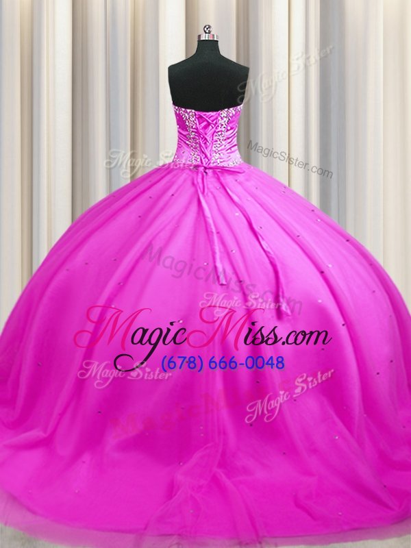 wholesale sweet sweep train rose pink sleeveless tulle lace up ball gown prom dress for military ball and sweet 16 and quinceanera