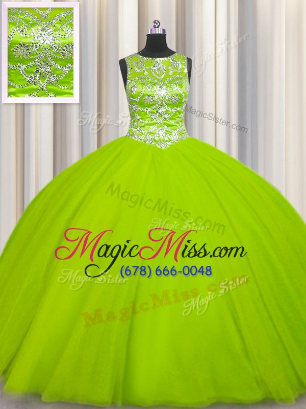 wholesale suitable scoop floor length lace up quinceanera gown yellow green and in for military ball and sweet 16 and quinceanera with beading