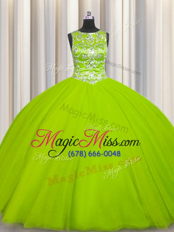 wholesale suitable scoop floor length lace up quinceanera gown yellow green and in for military ball and sweet 16 and quinceanera with beading