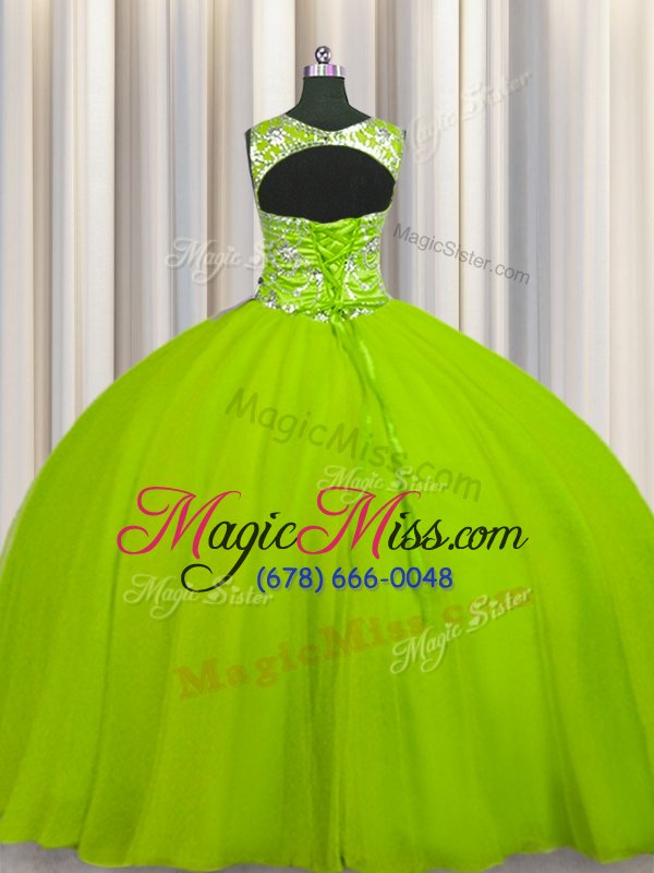 wholesale suitable scoop floor length lace up quinceanera gown yellow green and in for military ball and sweet 16 and quinceanera with beading