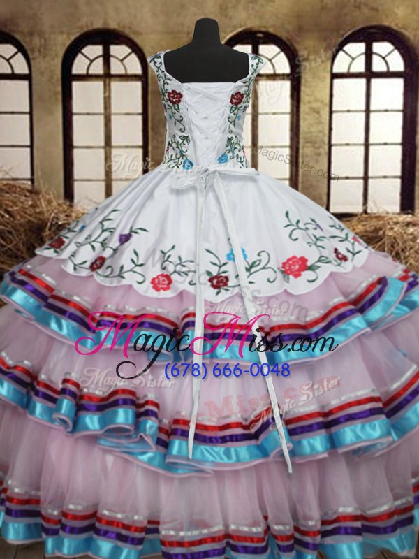 wholesale attractive multi-color sleeveless floor length embroidery and ruffled layers lace up quinceanera gowns