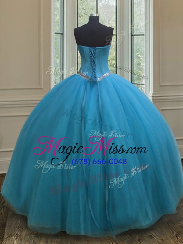 wholesale deluxe sweetheart sleeveless lace up quinceanera gown teal tulle