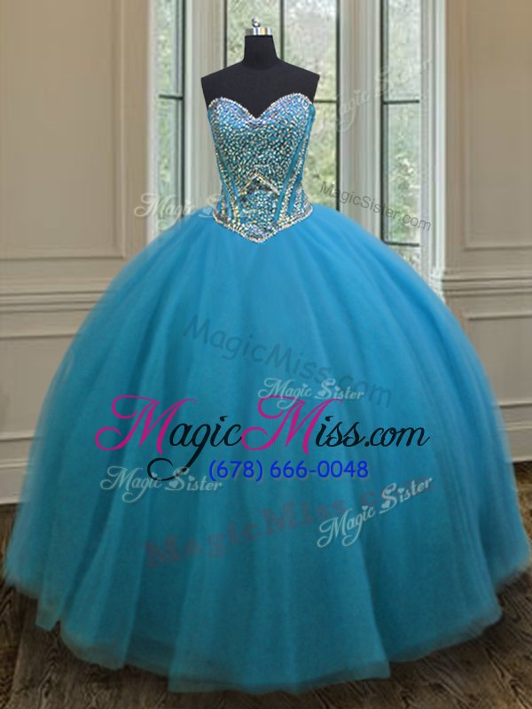 wholesale deluxe sweetheart sleeveless lace up quinceanera gown teal tulle