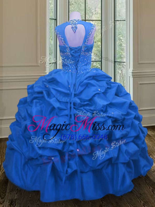 wholesale high end blue taffeta lace up straps sleeveless floor length quinceanera gown beading and pick ups