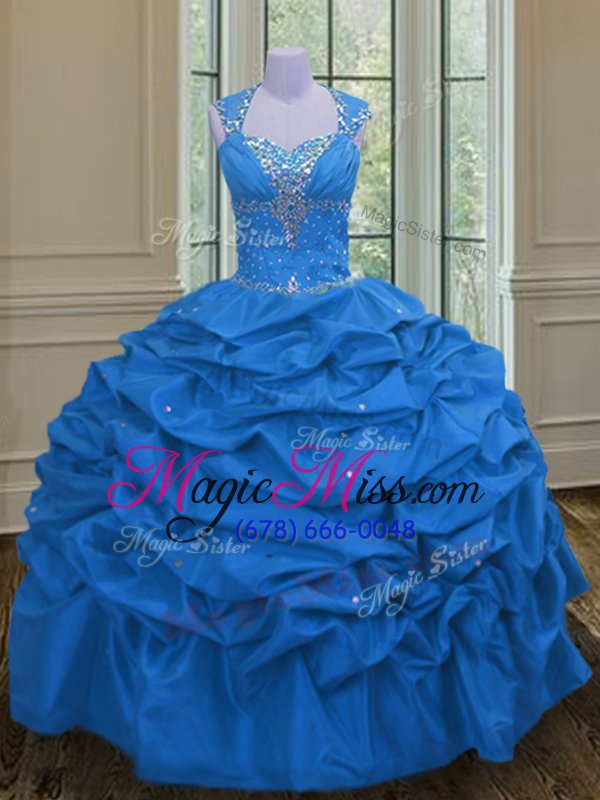 wholesale high end blue taffeta lace up straps sleeveless floor length quinceanera gown beading and pick ups