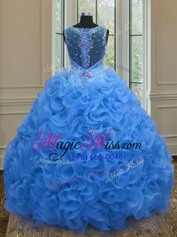 wholesale fantastic blue organza zipper straps sleeveless floor length quinceanera dress beading and ruffles