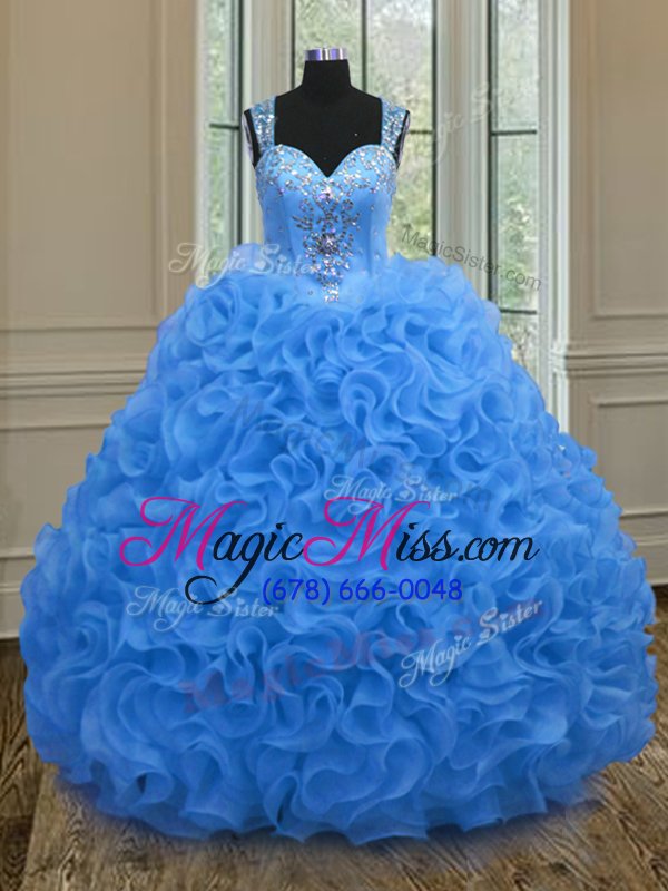 wholesale fantastic blue organza zipper straps sleeveless floor length quinceanera dress beading and ruffles